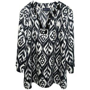 Jones New York Tunic Blouse XL Black Cream Ikat Print Cotton Womens Boho Top